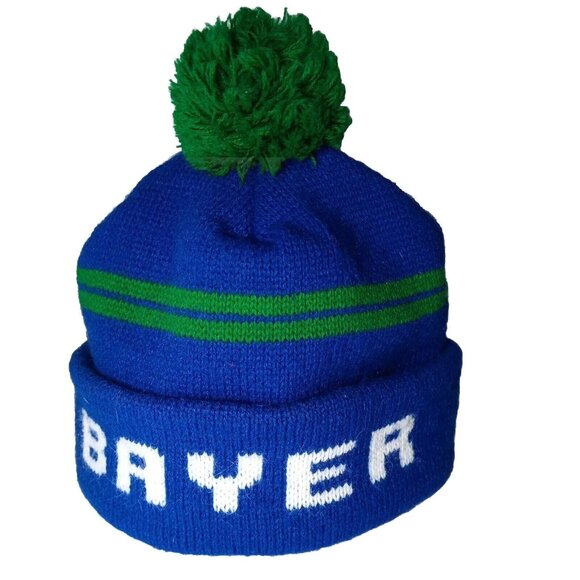 Bayer Pharmaceuticals Hat Knit Beanie Boggin Blue Green Pom Pom Vintage USA Made - Picture 1 of 11